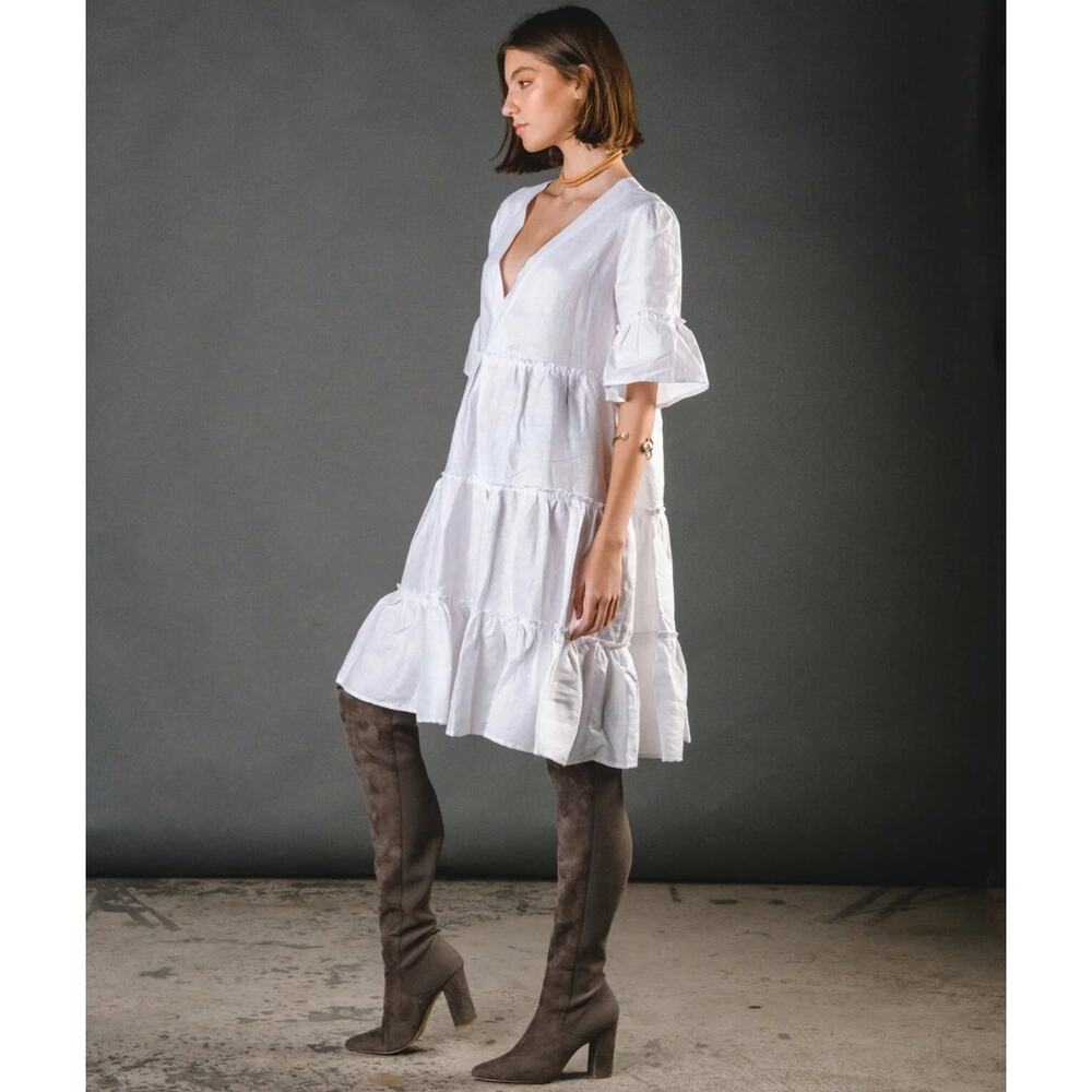 CLAUDE TULUM Natural Dress Tiered Cotton V-Neck Flounce 3/4 Sleeves White Medium - Picture 2 of 15